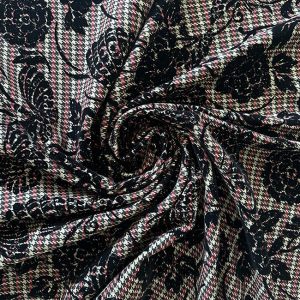 Poly-viscose with houndstooth design and floral Flock print